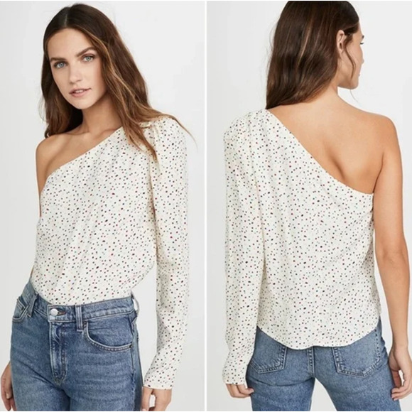Reformation L Francine One Sleeve Polka Dot Top Puff Shoulder Blouse Cream White - Picture 1 of 9